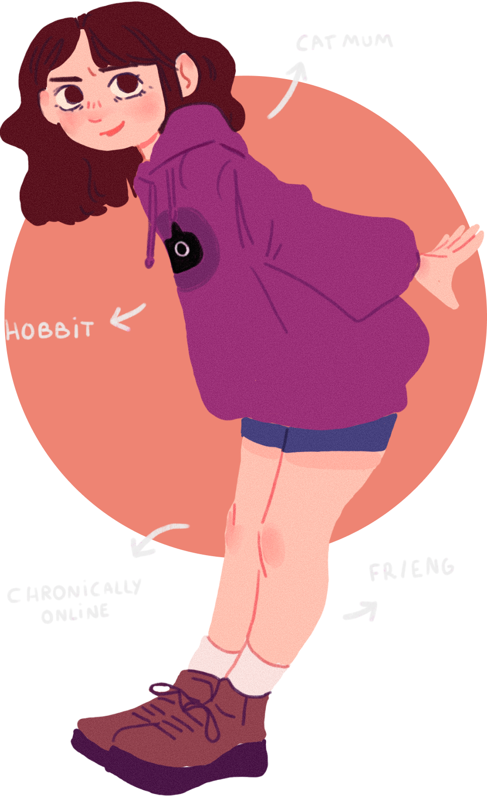 A 2D autoportrait: curly hair, oversized purple hoodie.